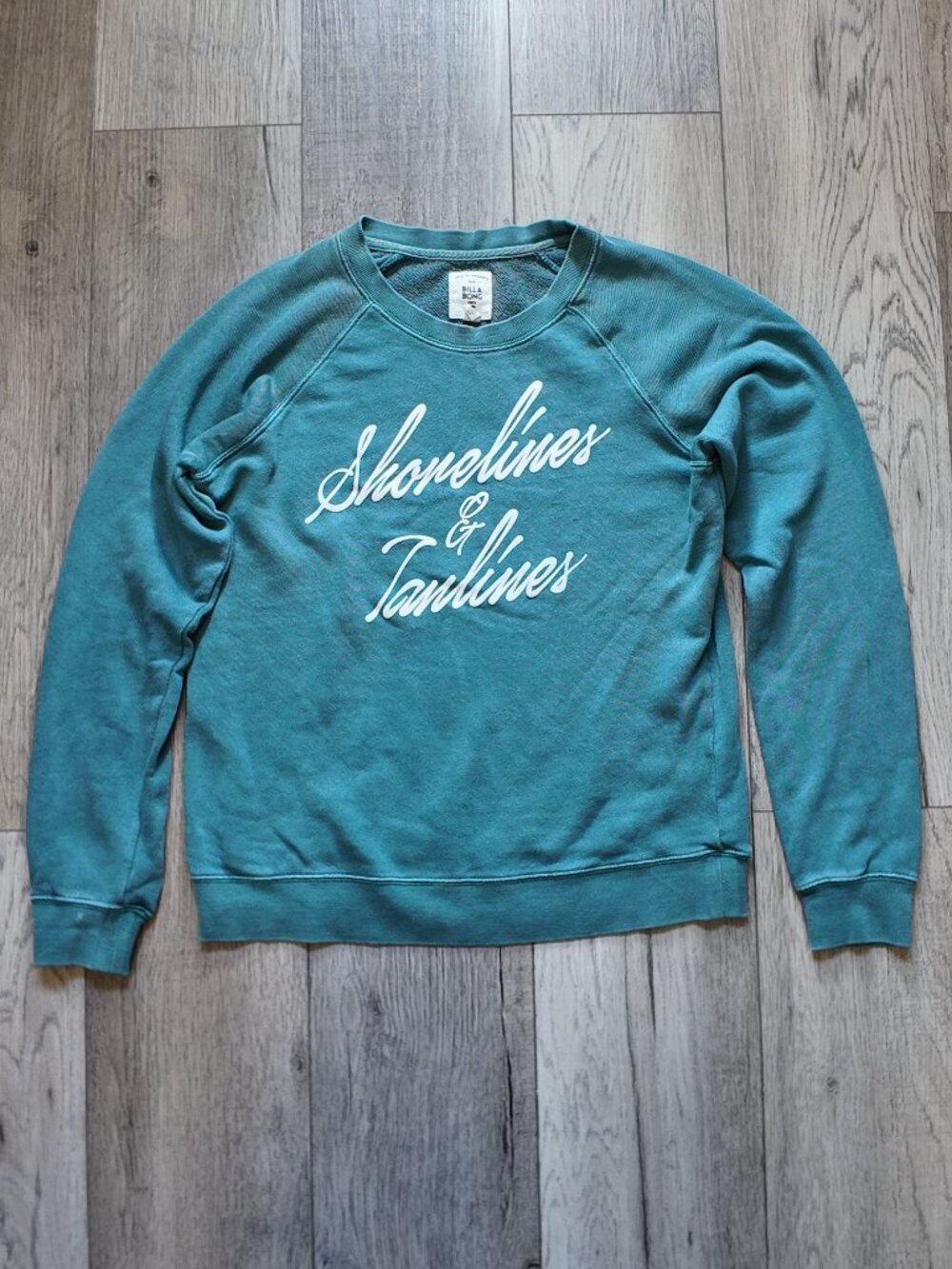 Billabong Crewneck Sweatshirt Womens Size S/P Teal Shorelines & Tanlines Graphic